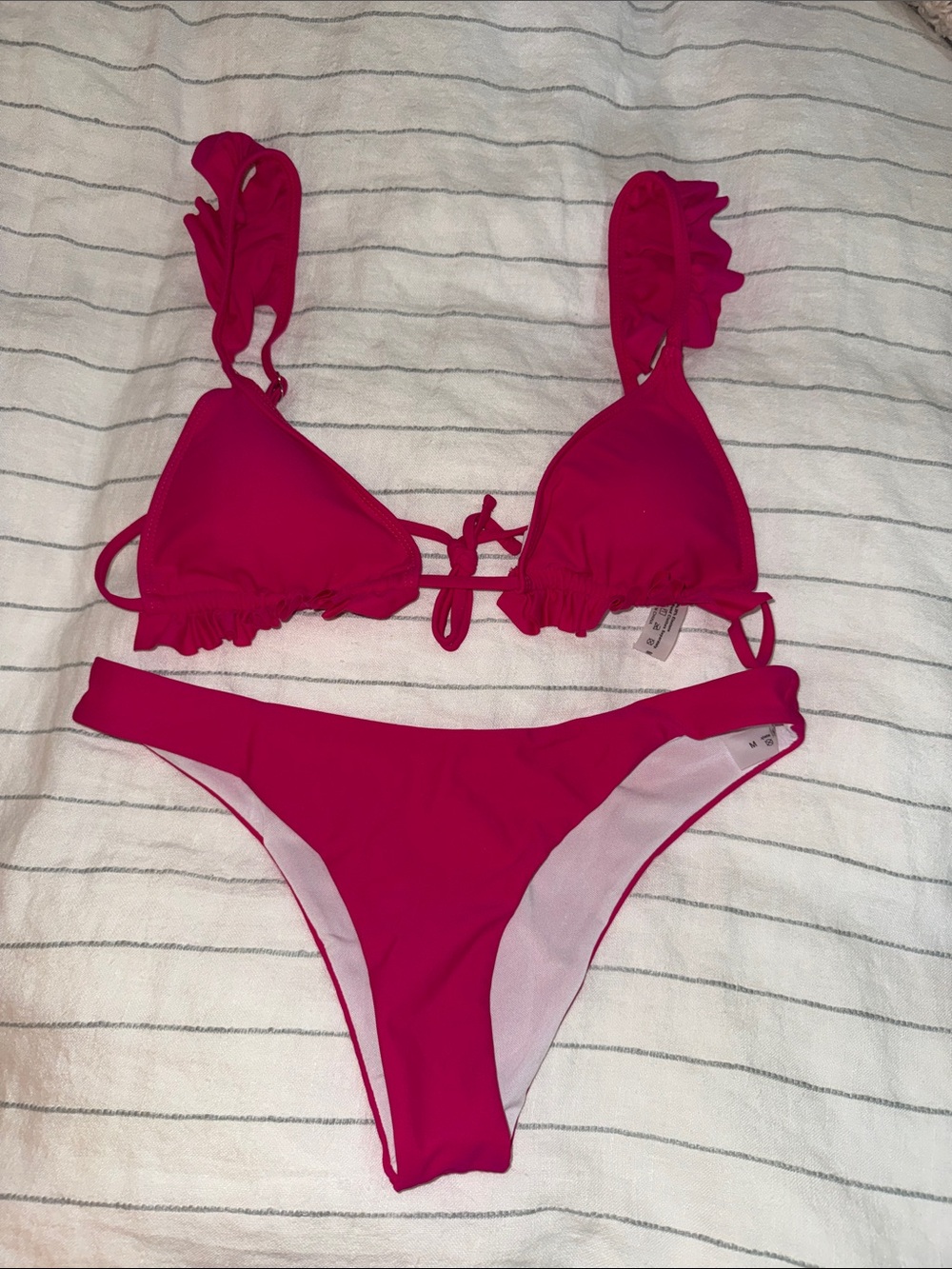 3 piece Bright Pink Ruffle Triangle Bikini Set